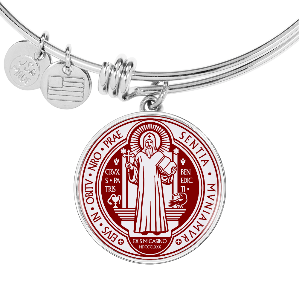 St Benedict bangle bracelet circle pendant Front Maroon