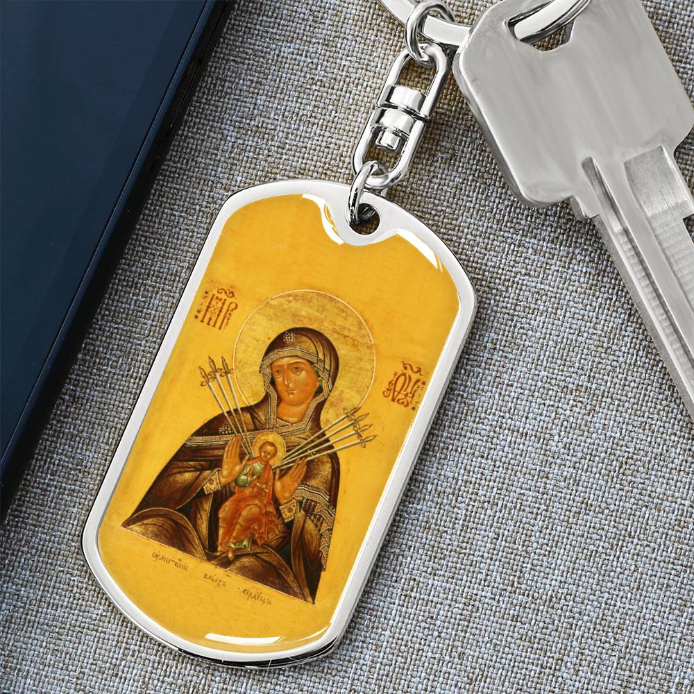 Virgin Mary Seven Spades dog tag keychain