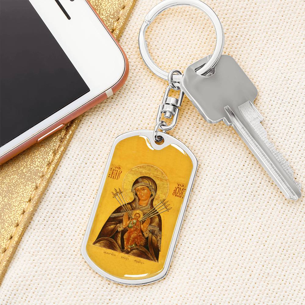 Virgin Mary Seven Spades dog tag keychain
