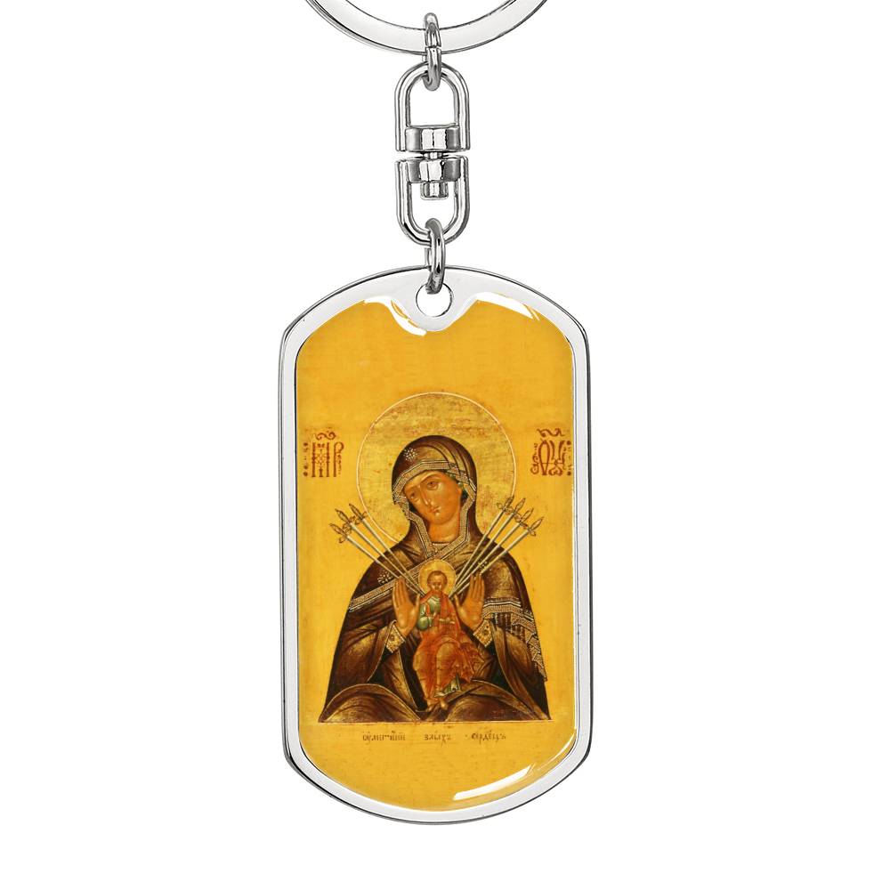 Virgin Mary Seven Spades dog tag keychain