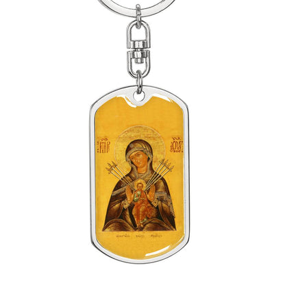 Virgin Mary Seven Spades dog tag keychain
