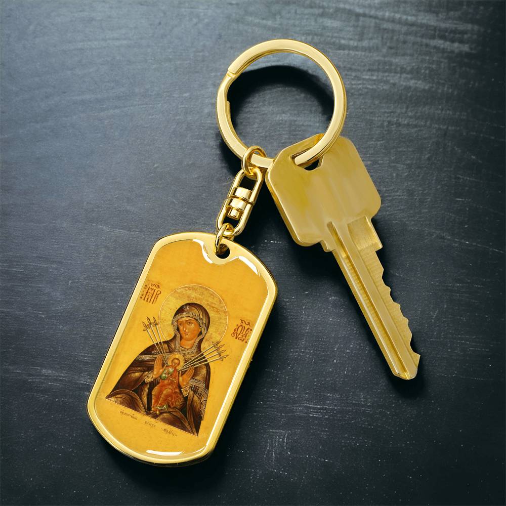 Virgin Mary Seven Spades dog tag keychain
