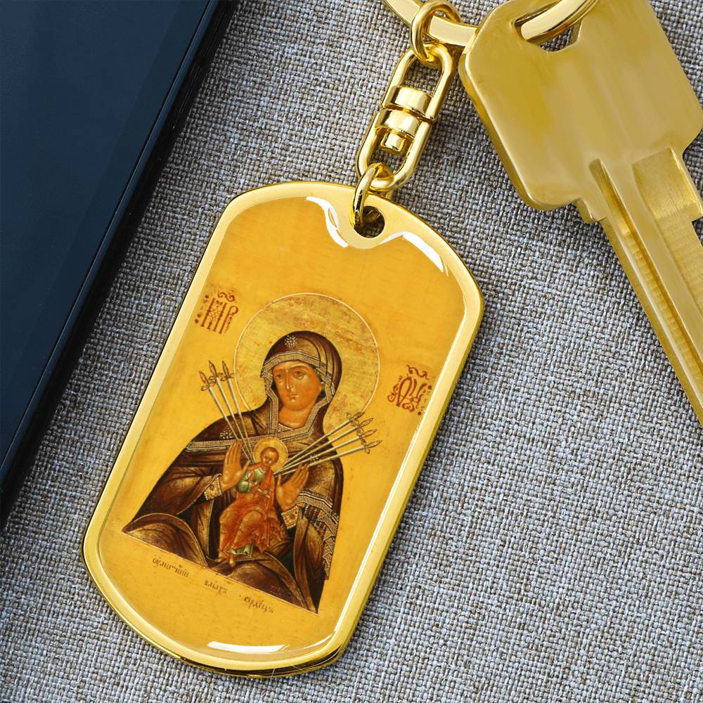 Virgin Mary Seven Spades dog tag keychain