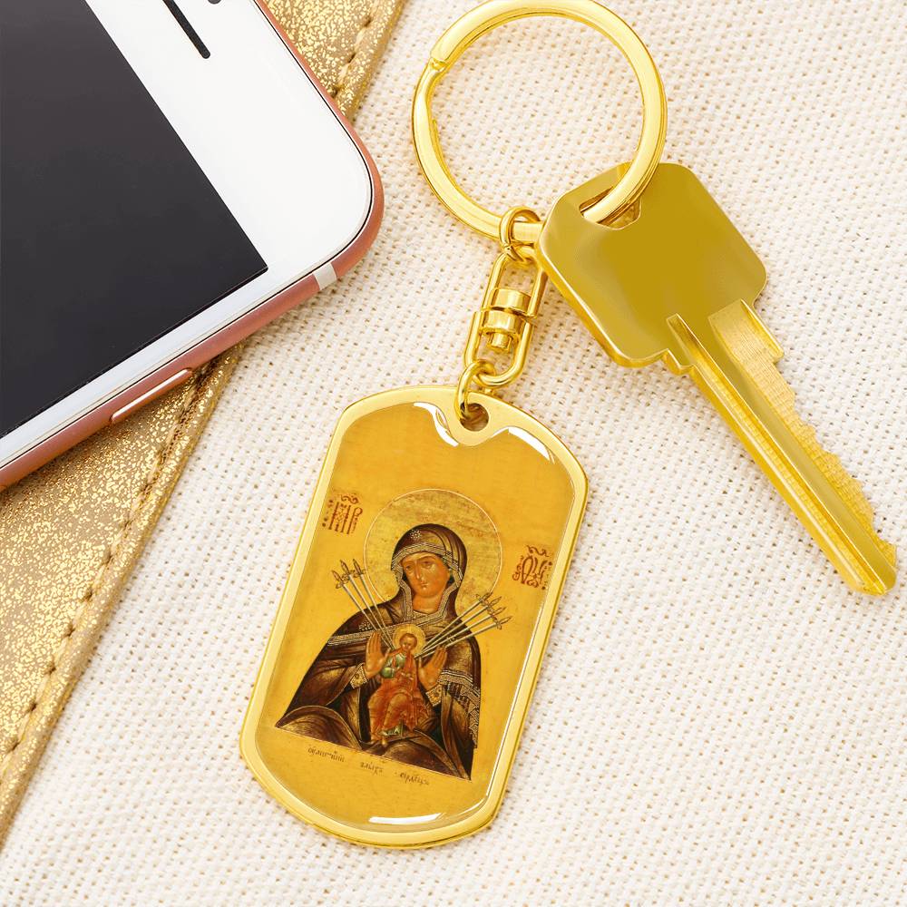 Virgin Mary Seven Spades dog tag keychain
