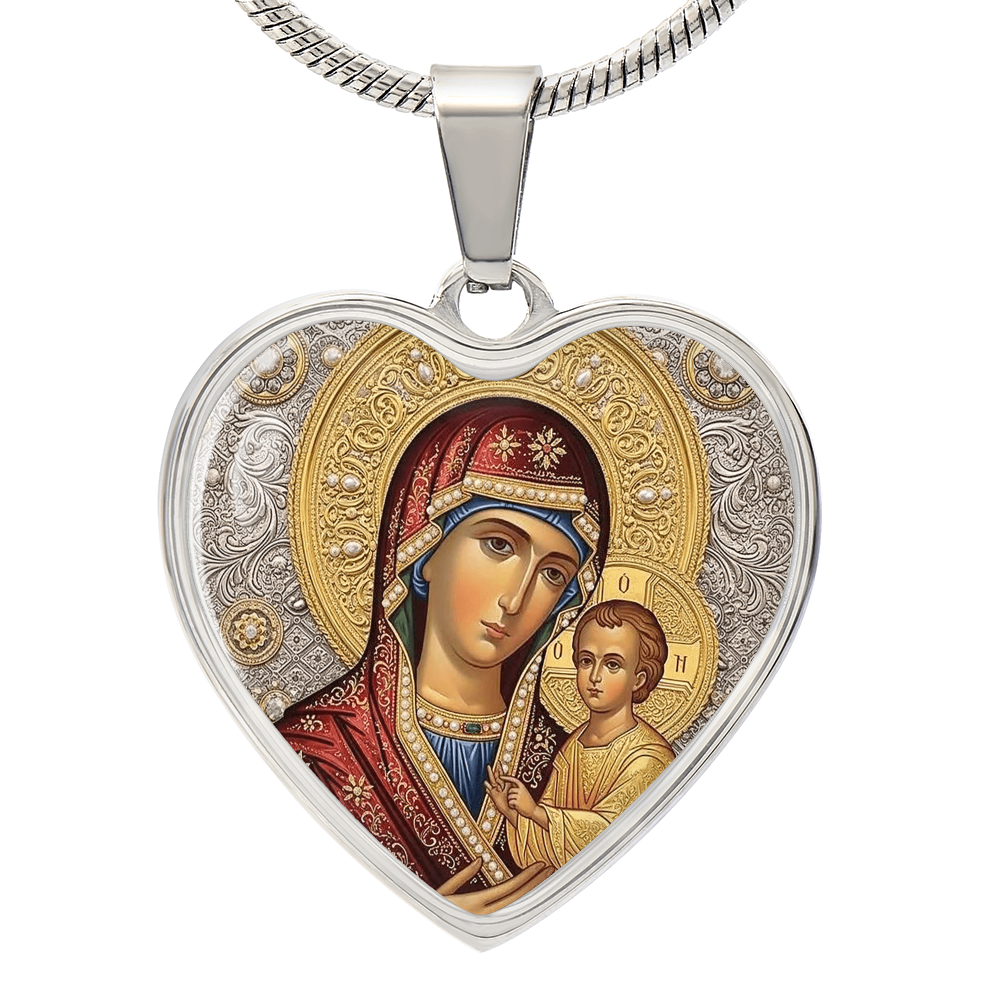Theotokos Icon Necklace, Orthodox Icon, Stainless Steel Heart Pendant, Gold Finish
