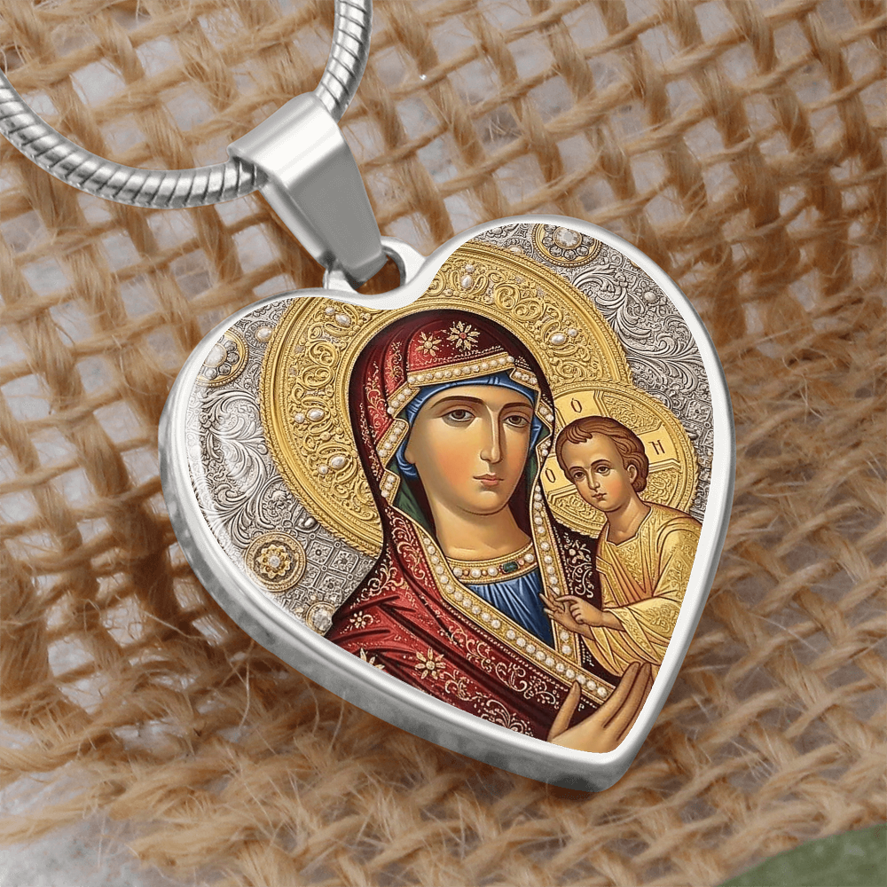 Theotokos Icon Necklace, Orthodox Icon, Stainless Steel Heart Pendant, Gold Finish