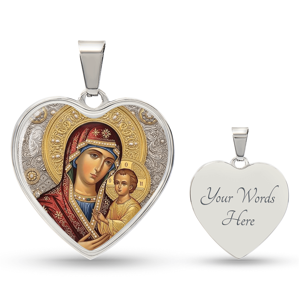 Theotokos Icon Necklace, Orthodox Icon, Stainless Steel Heart Pendant, Gold Finish