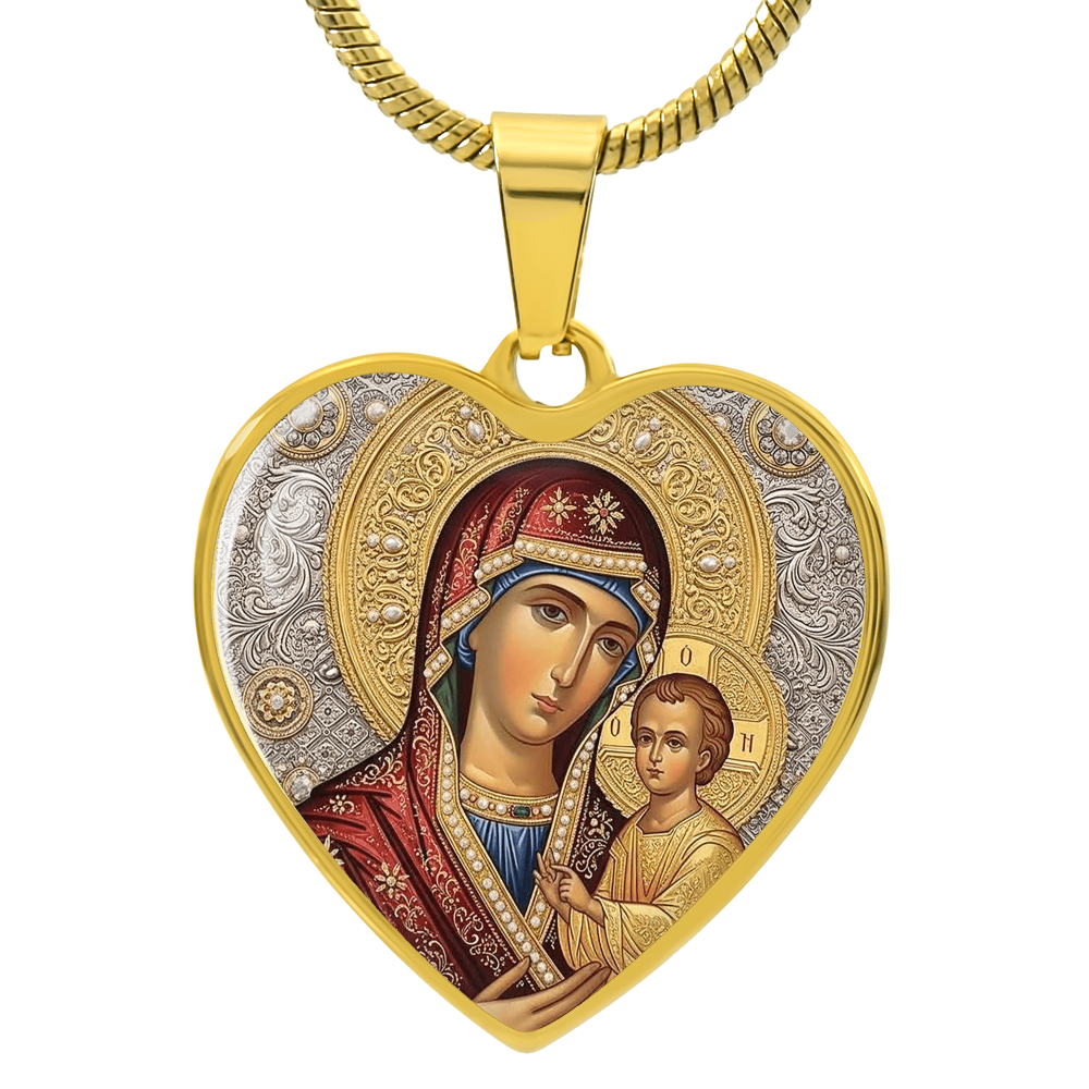 Theotokos Icon Necklace, Orthodox Icon, Stainless Steel Heart Pendant, Gold Finish