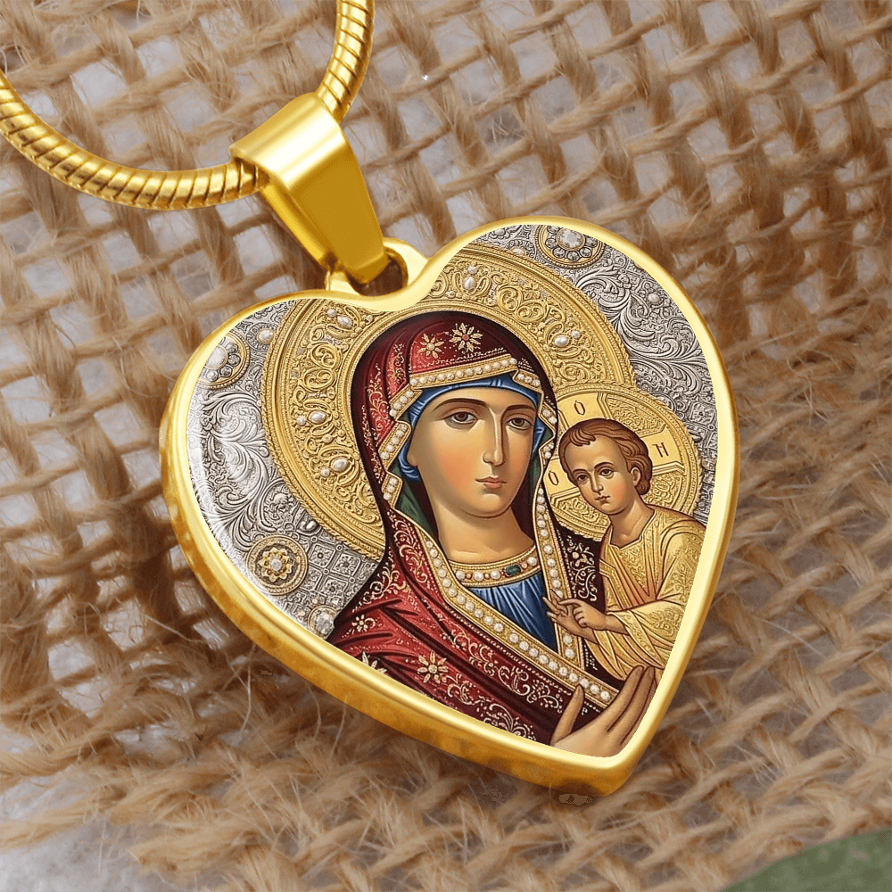 Theotokos Icon Necklace, Orthodox Icon, Stainless Steel Heart Pendant, Gold Finish