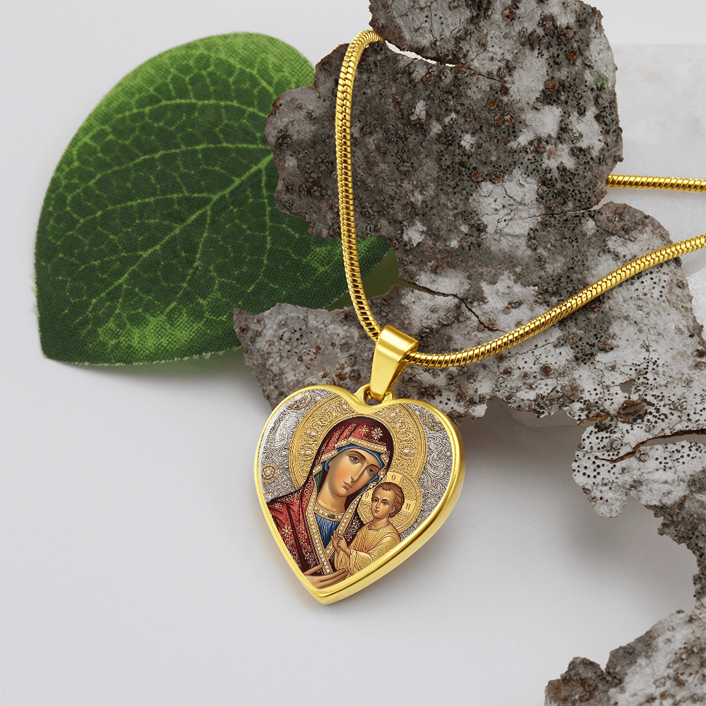 Theotokos Icon Necklace, Orthodox Icon, Stainless Steel Heart Pendant, Gold Finish