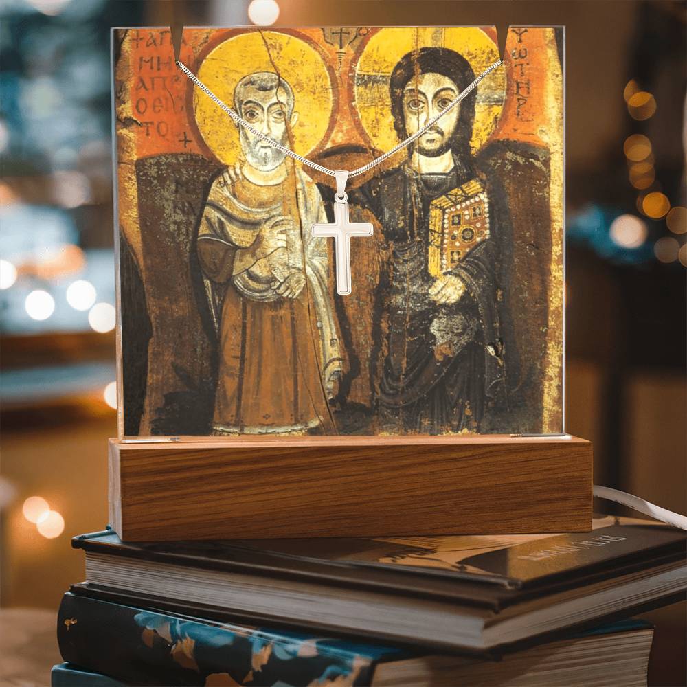 Christ and Abbot Menas  Acrylic & Stainless Steel Cross Necklace