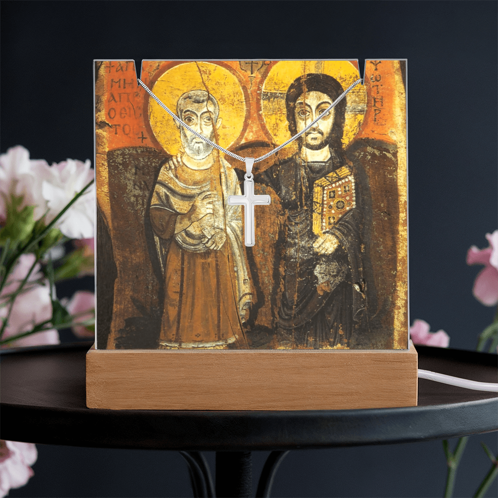 Christ and Abbot Menas  Acrylic & Stainless Steel Cross Necklace