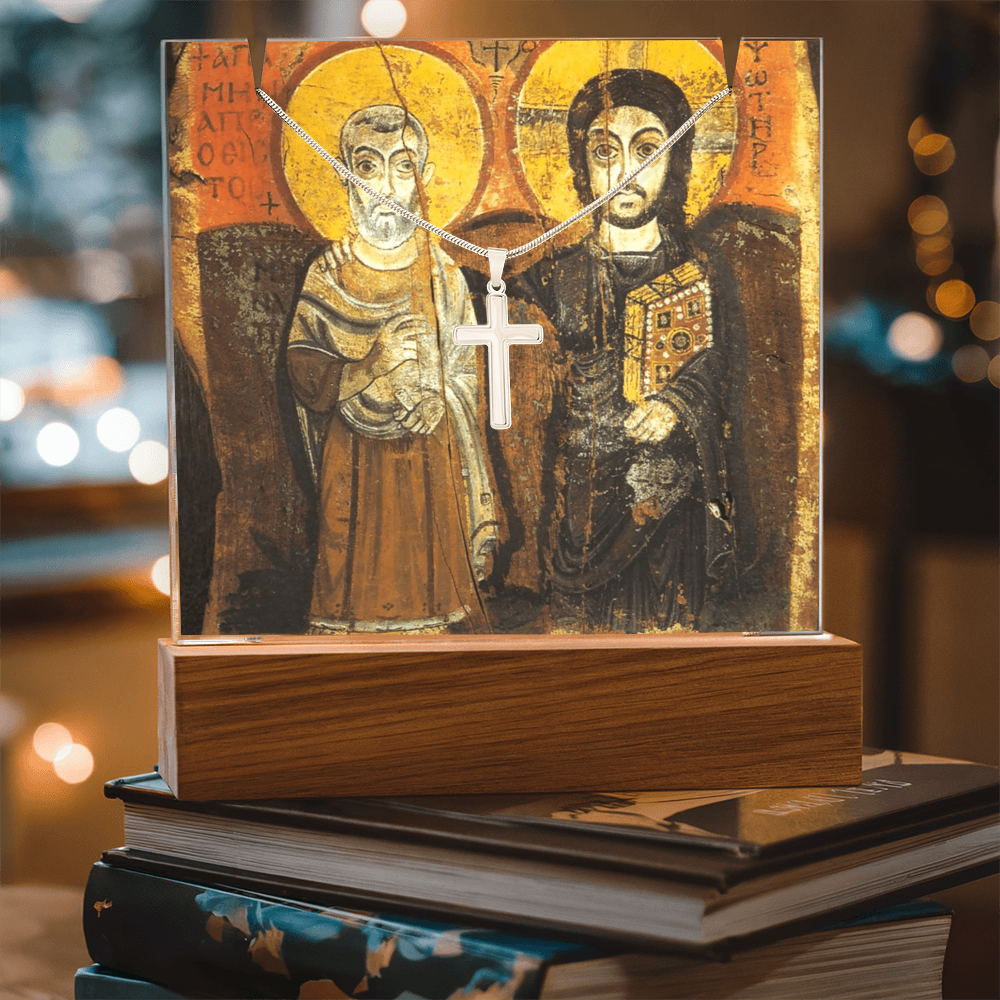 Christ and Abbot Menas  Acrylic & Stainless Steel Cross Necklace