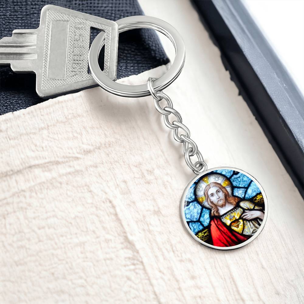 sacred-heart of jesus stained glass pendant necklace_artwork_original_artwork Graphic Circle Keychain NEW