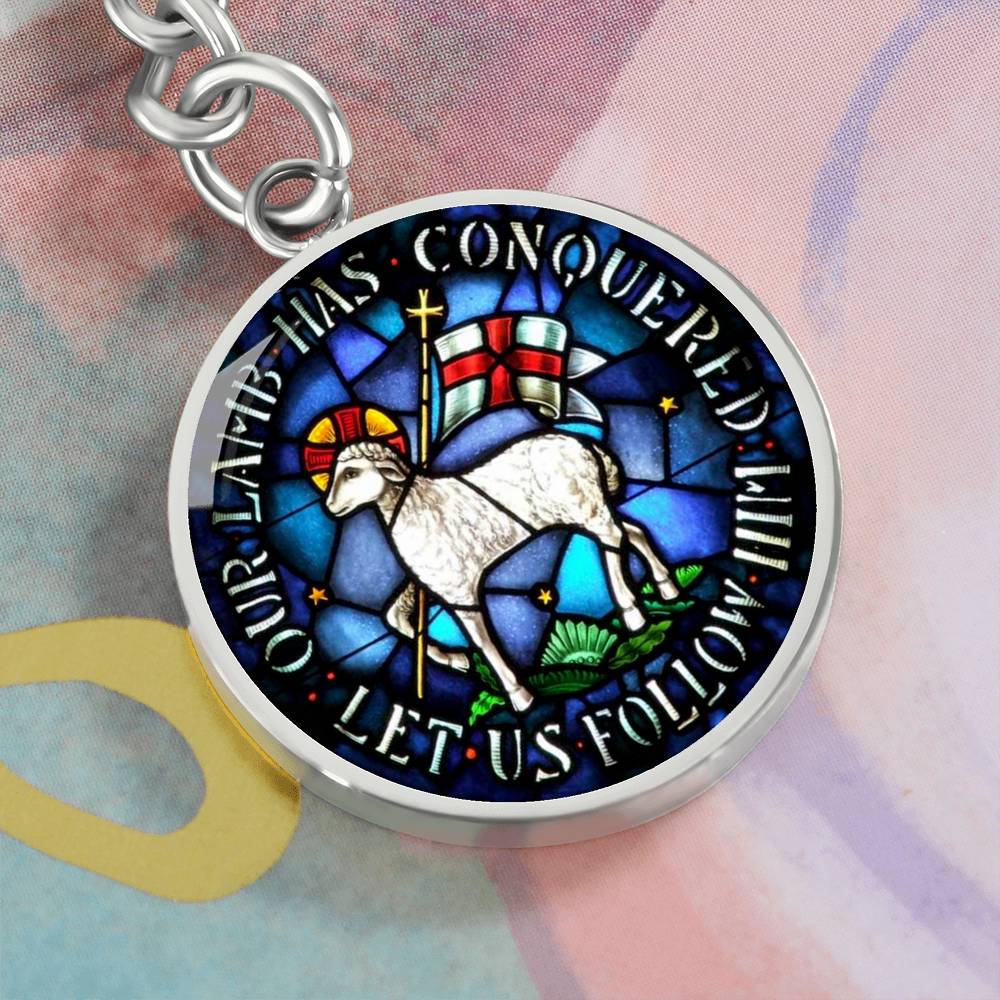 lamb-of god necklace, lamb of god agnus dei pendant necklace, our lamb has conquered let us follow him, lamb of god pendant_artwork_original_artwork Graphic Circle Keychain NEW