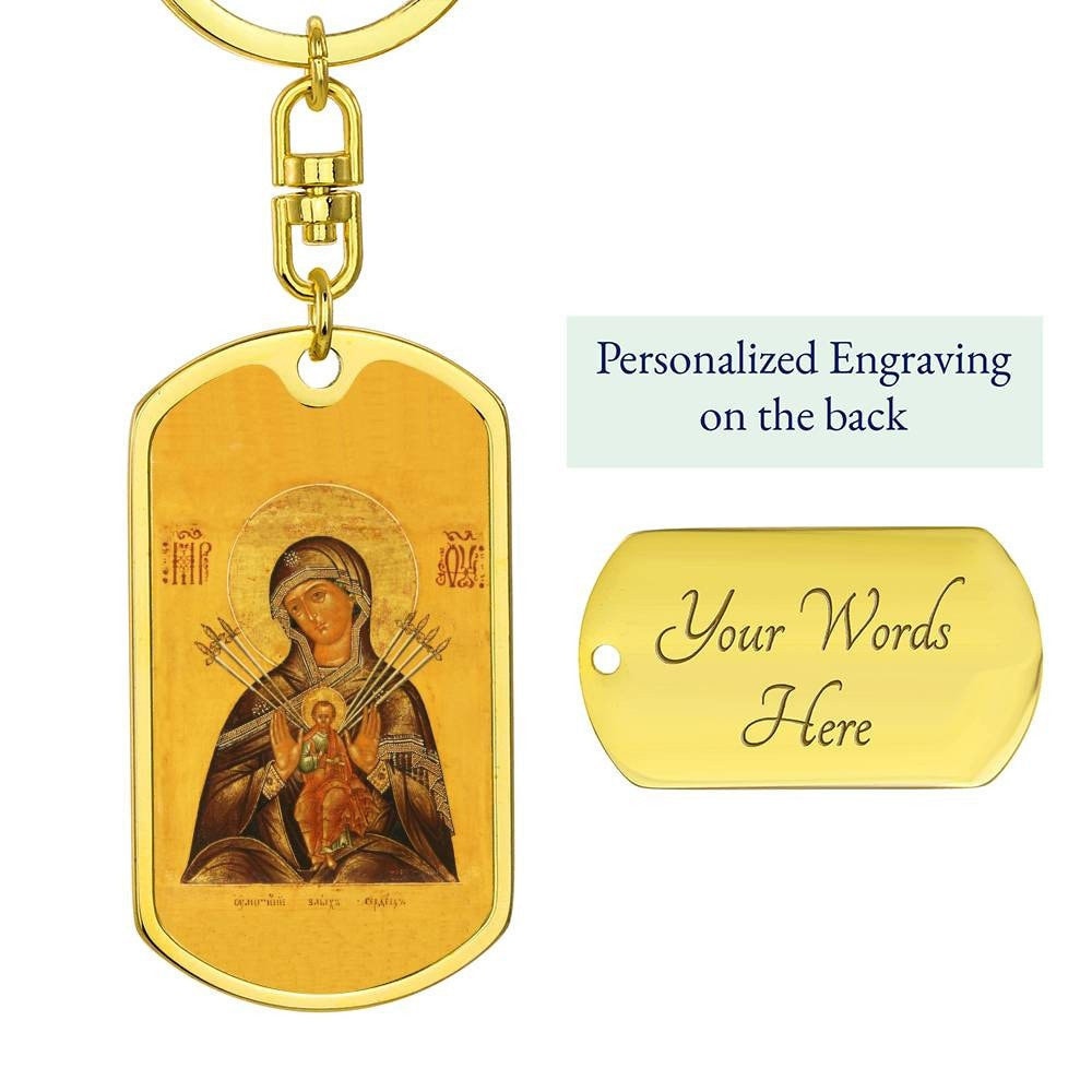 Virgin Mary Seven Spades dog tag keychain