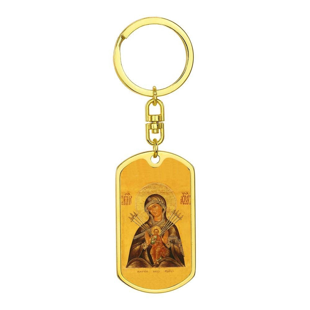 Virgin Mary Seven Spades dog tag keychain