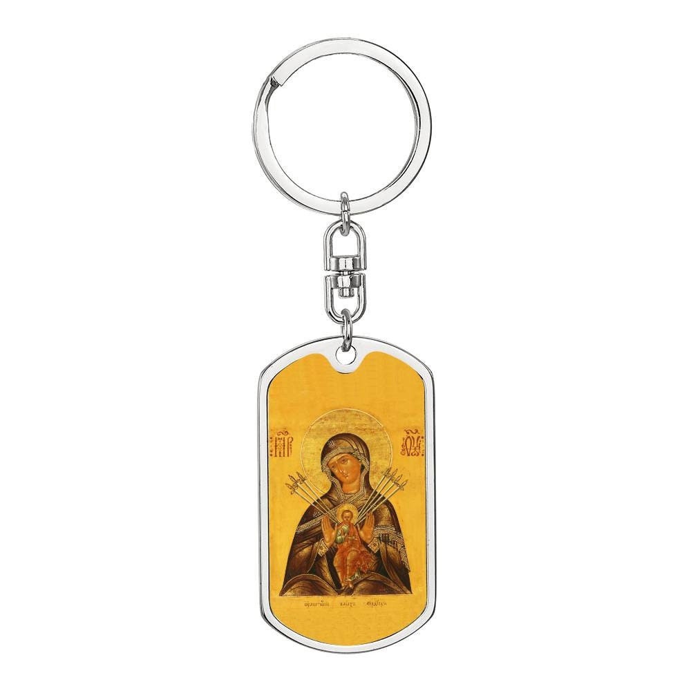 Virgin Mary Seven Spades dog tag keychain