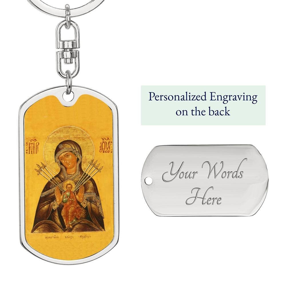 Virgin Mary Seven Spades dog tag keychain