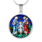 Holy Family stained glass circle pendant necklace