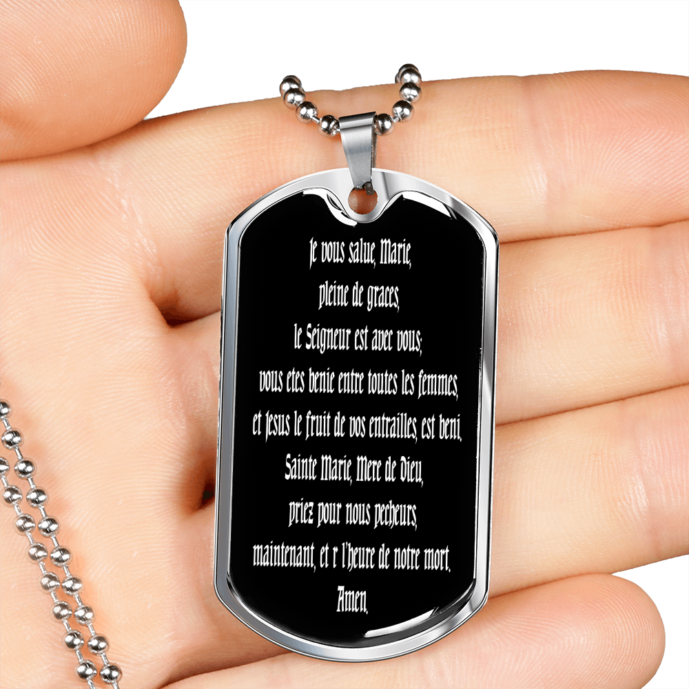 Hail Mary full of grace the Lord is with thee Dog Tag pendant necklace in French