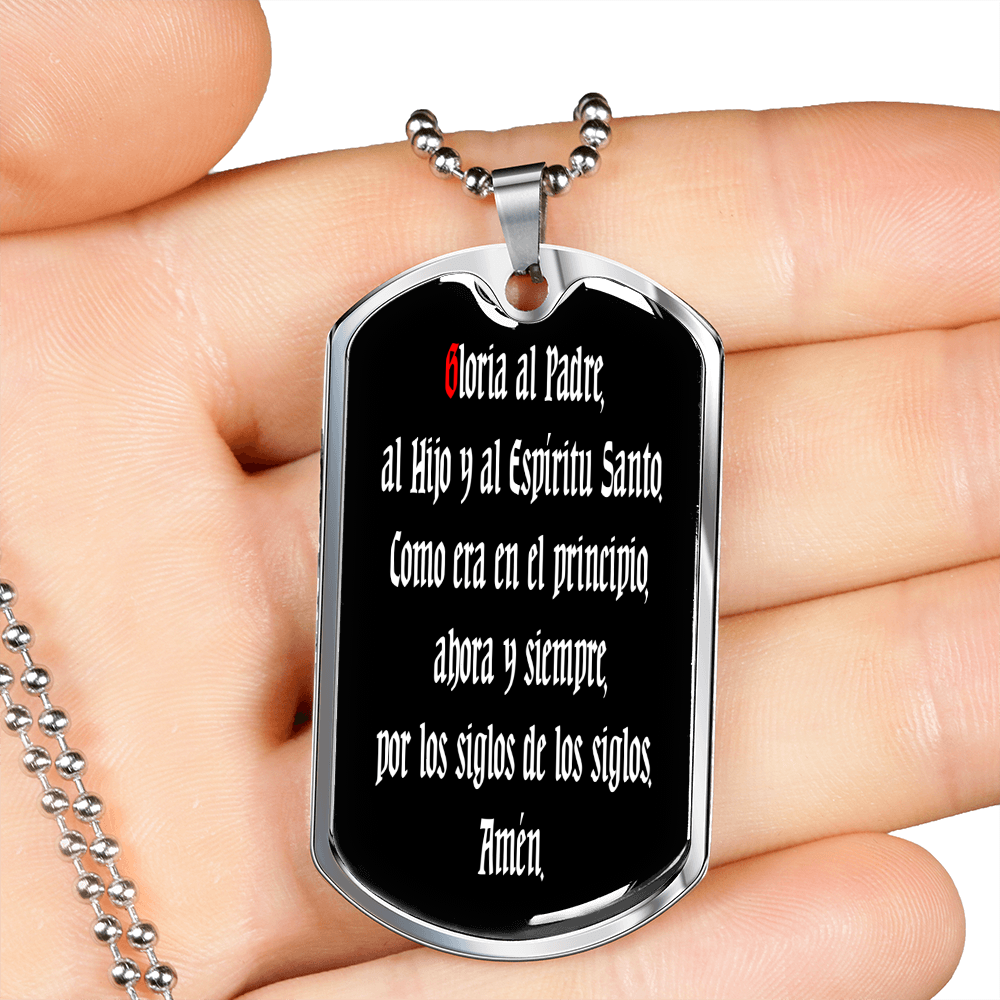 Gloria Al Padre Spanish dog tag pendant necklace