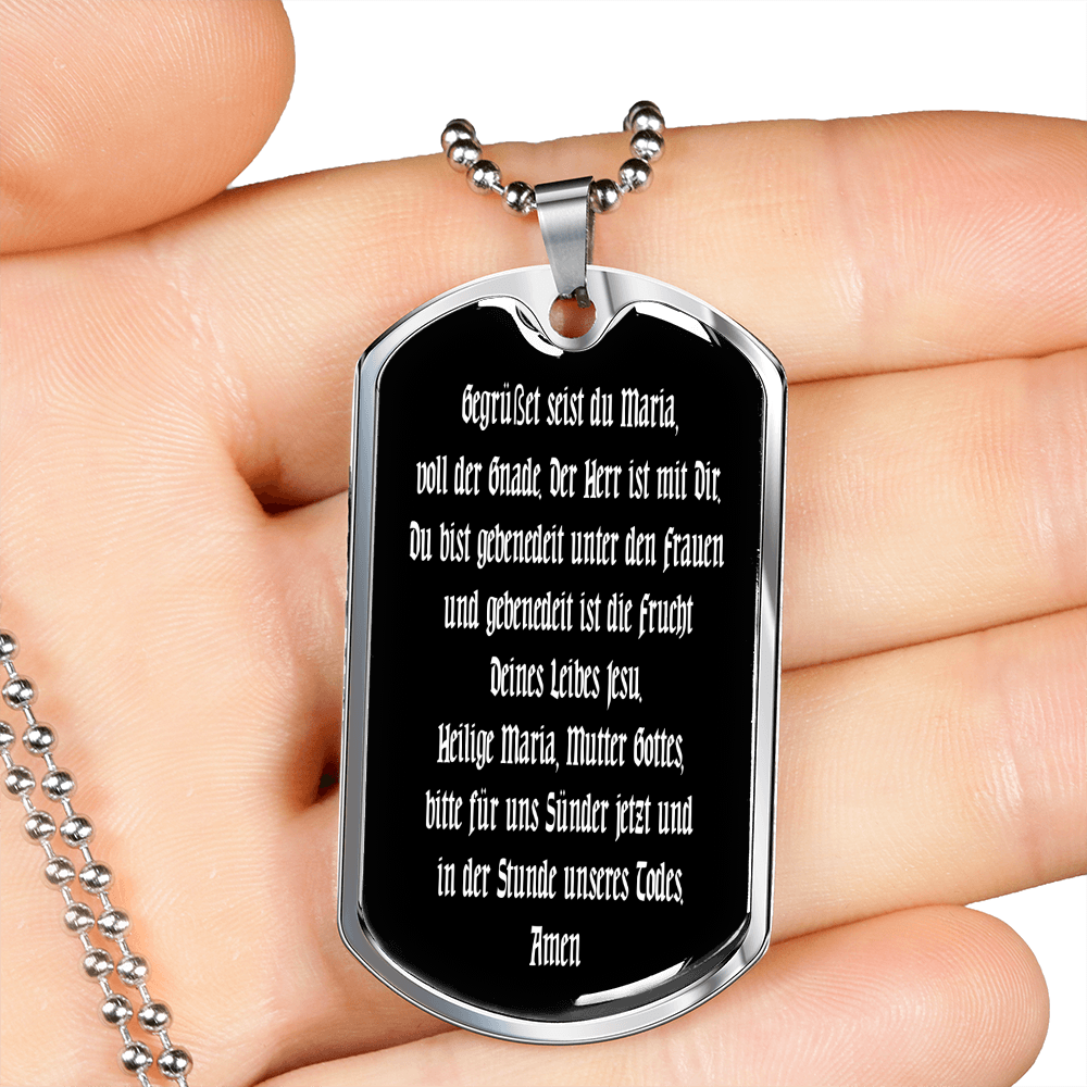 Hail Mary full of grace in German Dog Tag pendant necklace