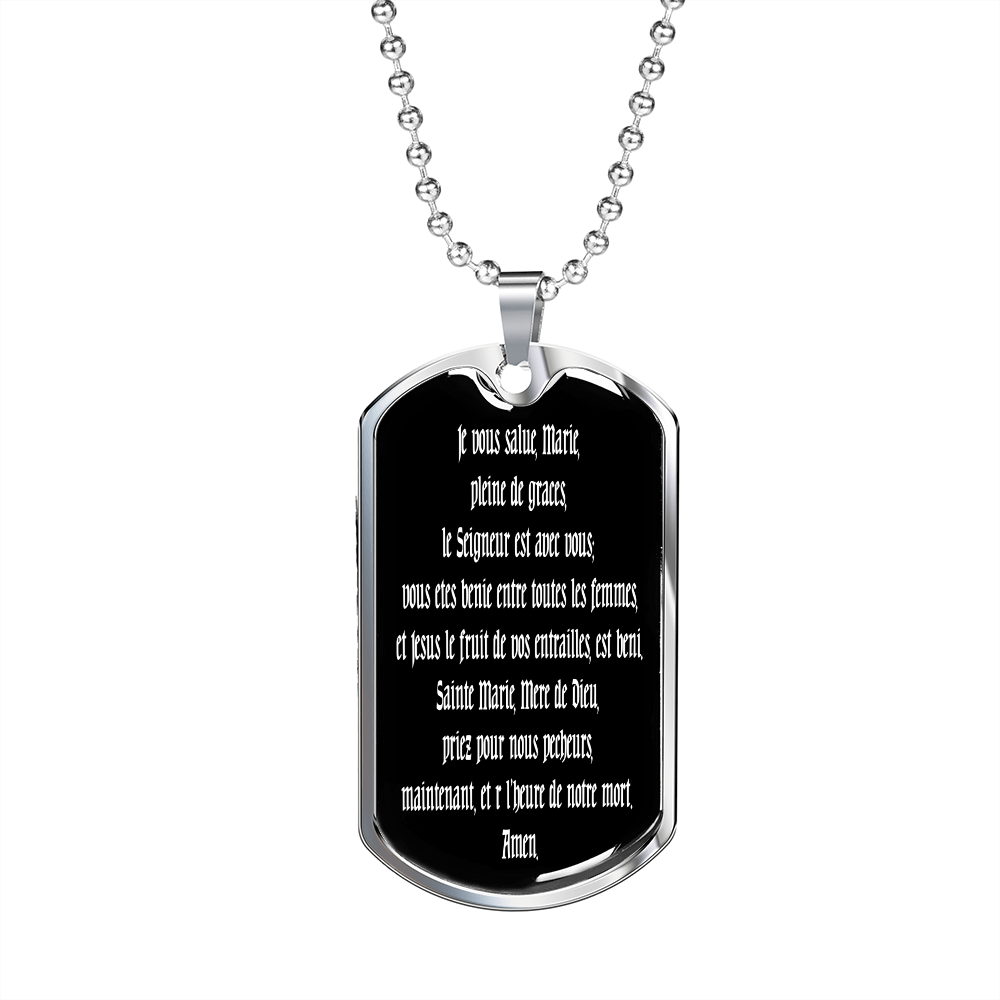 Hail Mary full of grace the Lord is with thee Dog Tag pendant necklace in French