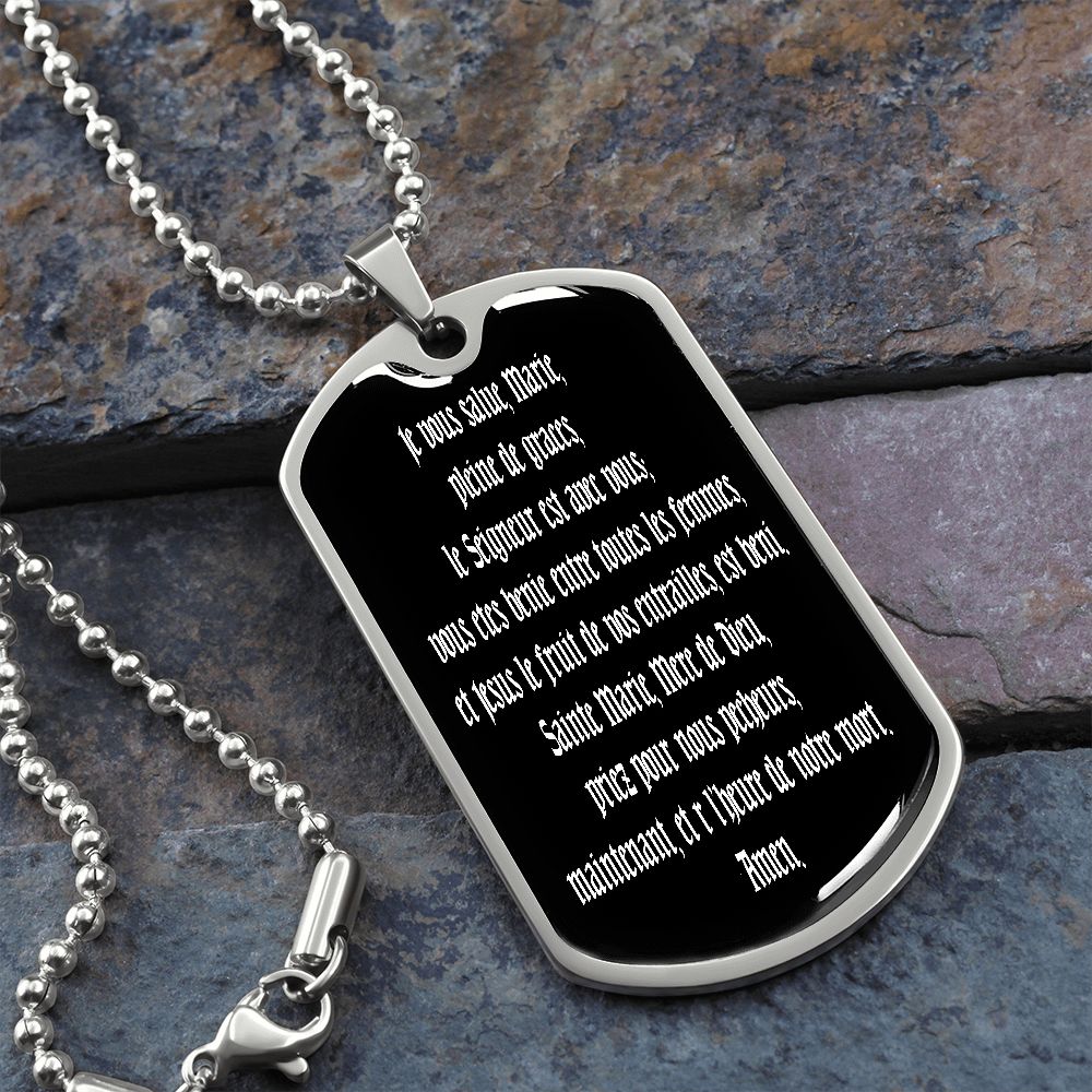 Hail Mary full of grace the Lord is with thee Dog Tag pendant necklace in French