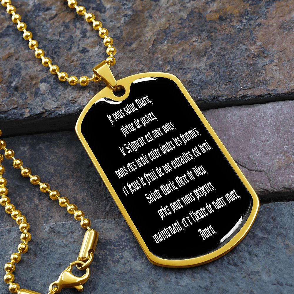 Hail Mary full of grace the Lord is with thee Dog Tag pendant necklace in French