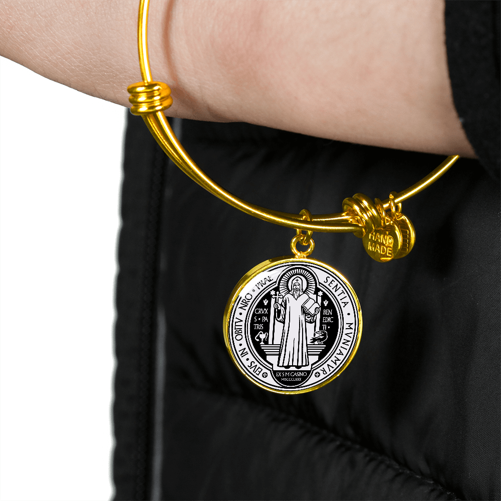 St Benedict bangle bracelet circle pendant Front Black