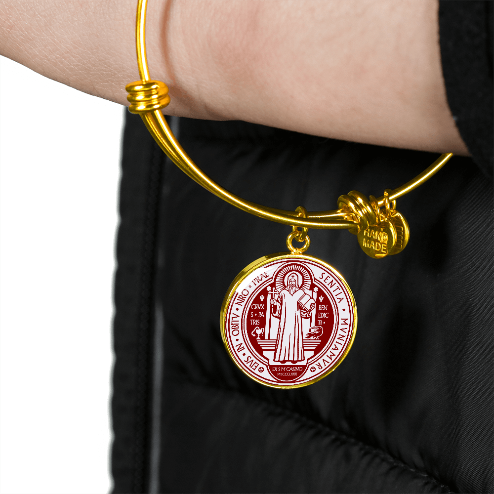 St Benedict bangle bracelet circle pendant Front Maroon