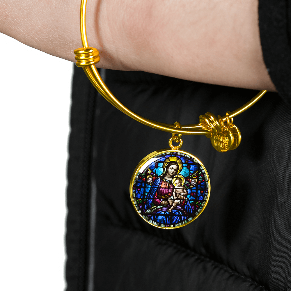Virgin Mary and Baby Jesus Cropped New za ShineOn Light+6 BAngle Bracelet Circle Pendant NEW