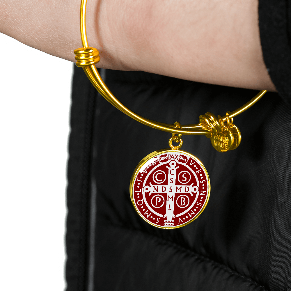 St Benedict medal White Maroon BACK Bangle Bracelet Circle pendant