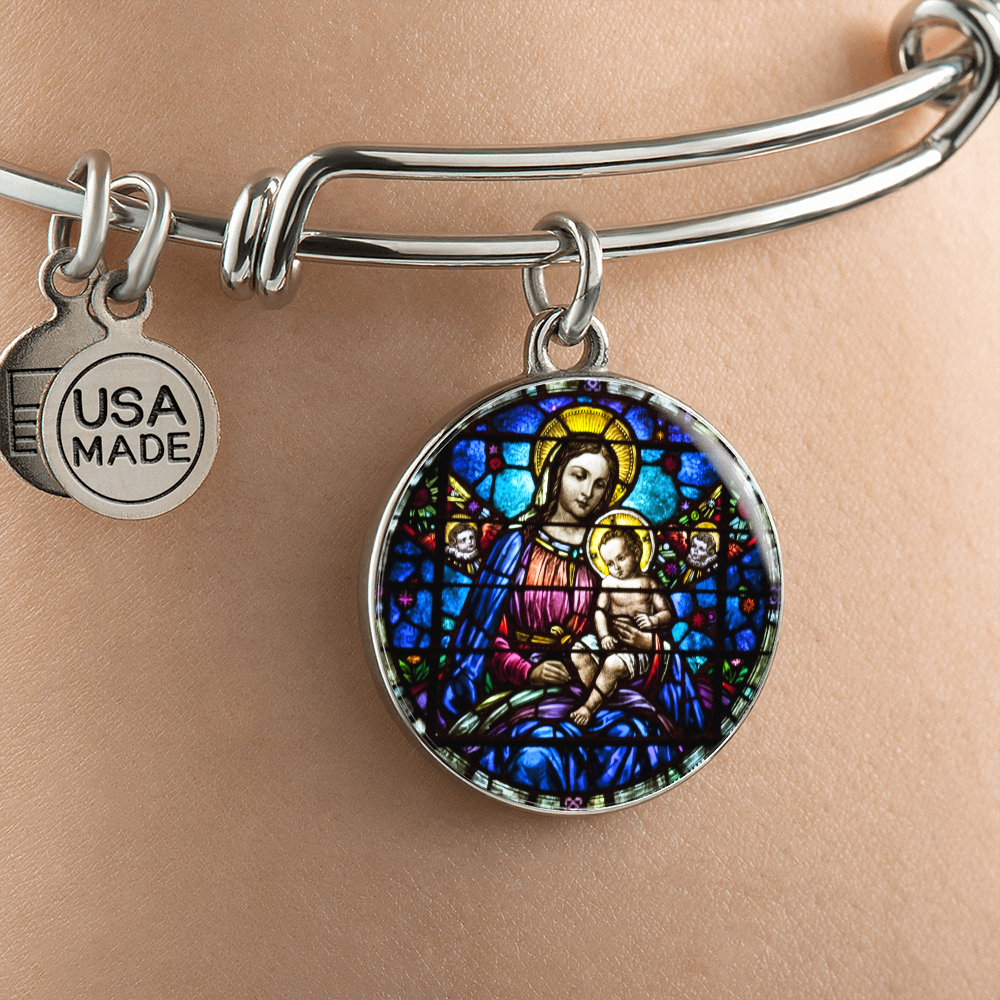 Virgin Mary and Baby Jesus Cropped New za ShineOn Light+6 BAngle Bracelet Circle Pendant NEW