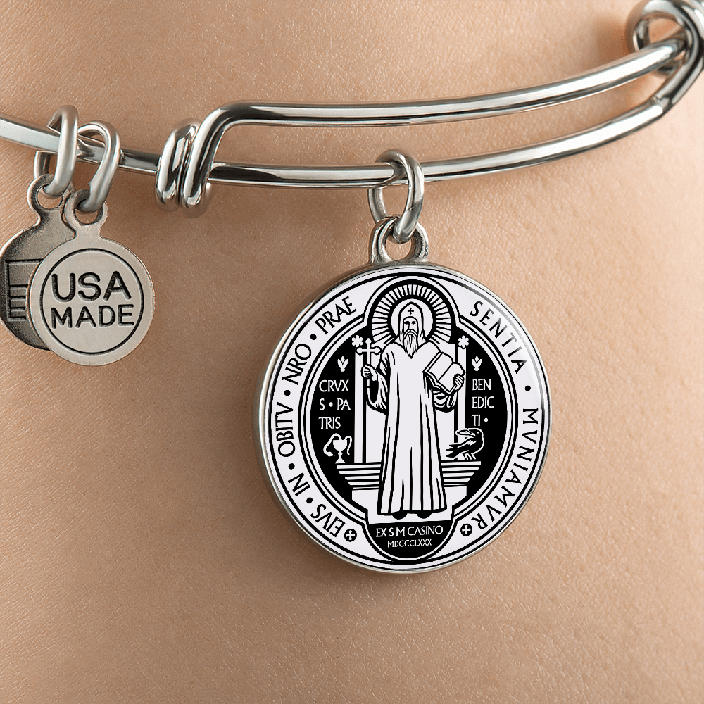 St Benedict bangle bracelet circle pendant Front Black