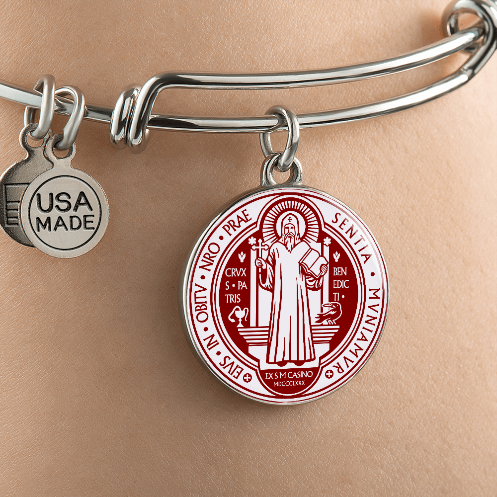 St Benedict bangle bracelet circle pendant Front Maroon