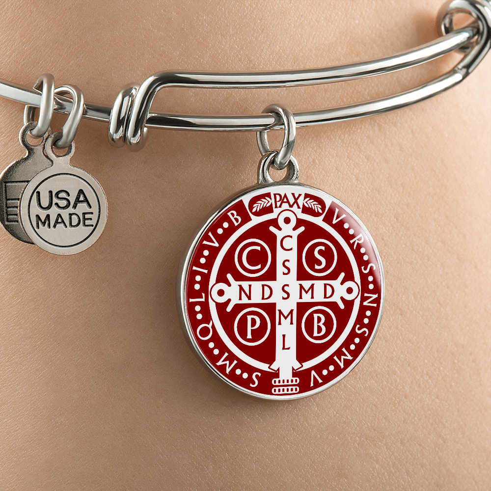 St Benedict bangle bracelet circle pendant Back Maroon