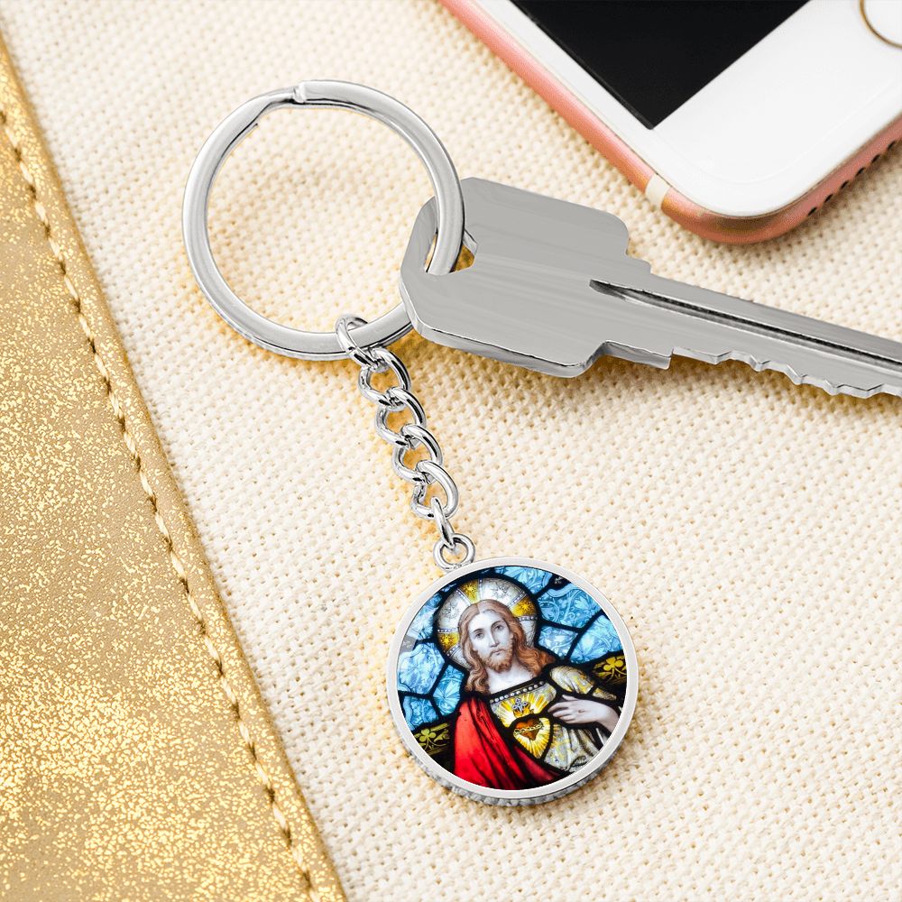 sacred-heart of jesus stained glass pendant necklace_artwork_original_artwork Graphic Circle Keychain NEW