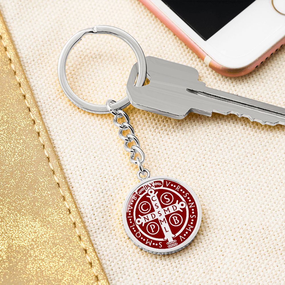 St Benedict medal White Maroon BACK Circle Pendant Keychain