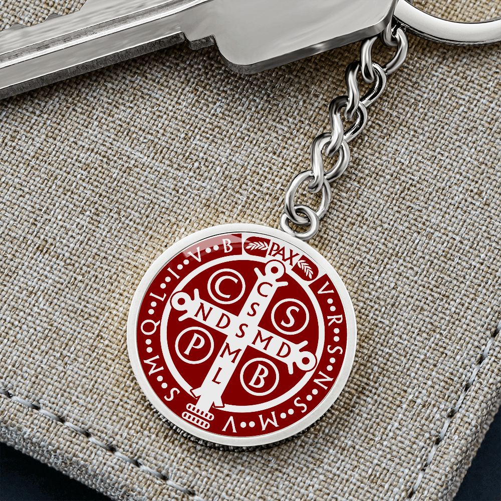 St Benedict medal White Maroon BACK Circle Pendant Keychain