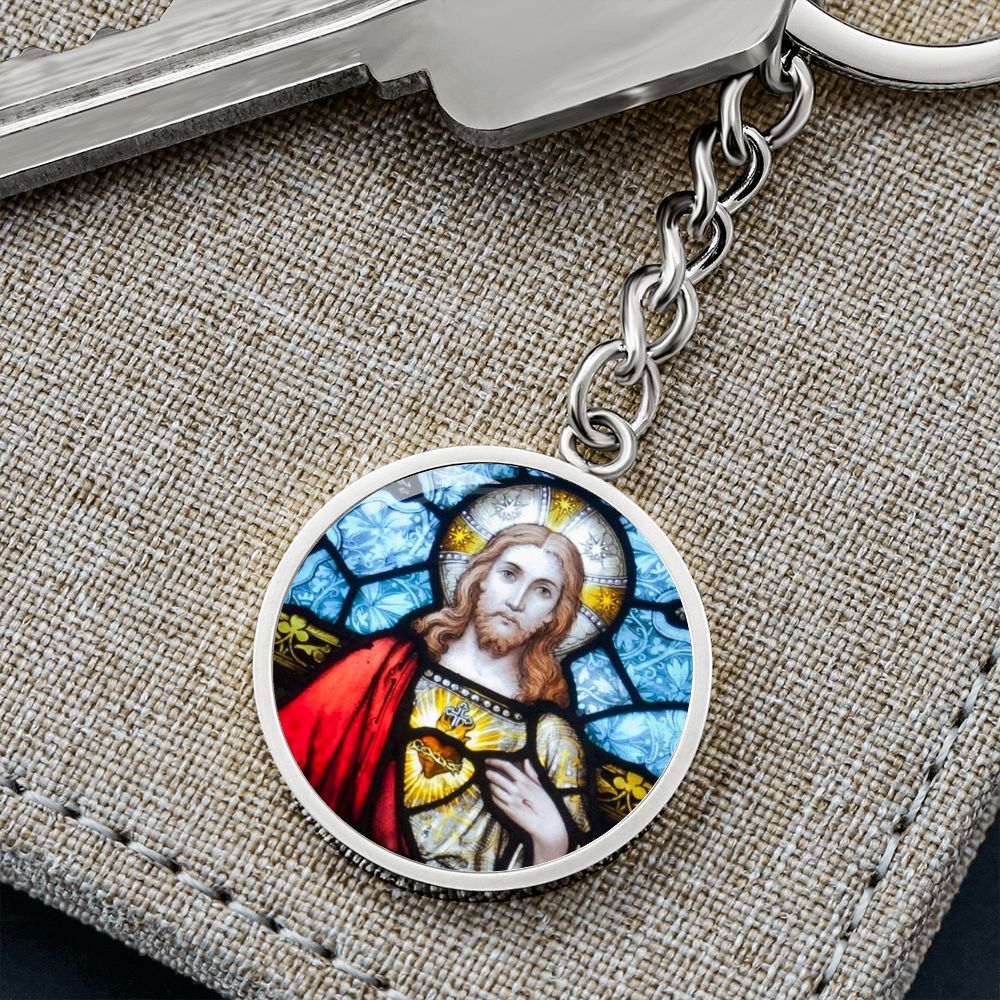 sacred-heart of jesus stained glass pendant necklace_artwork_original_artwork Graphic Circle Keychain NEW