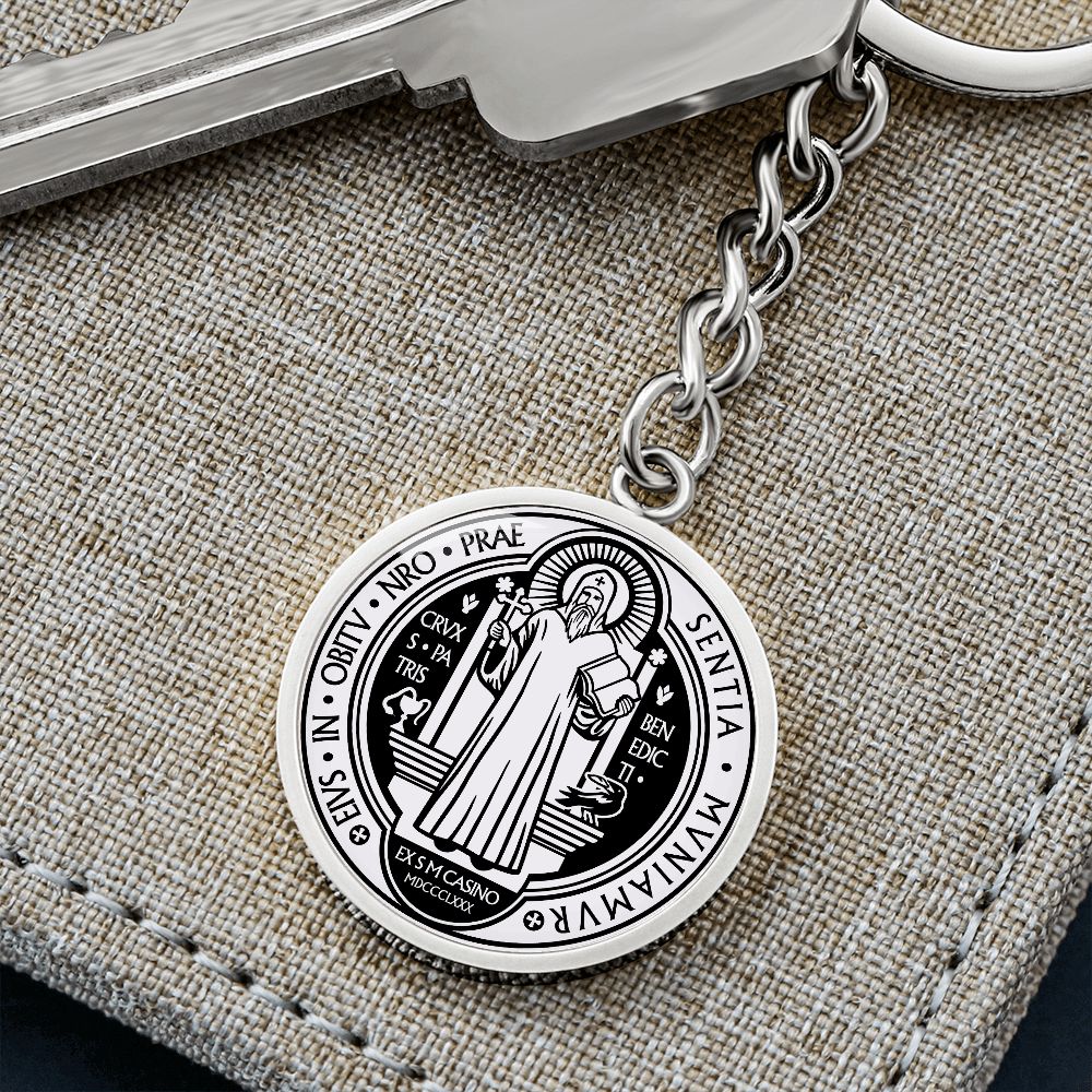 St Benedict medal White Black FRONT Circle Pendant Keychain