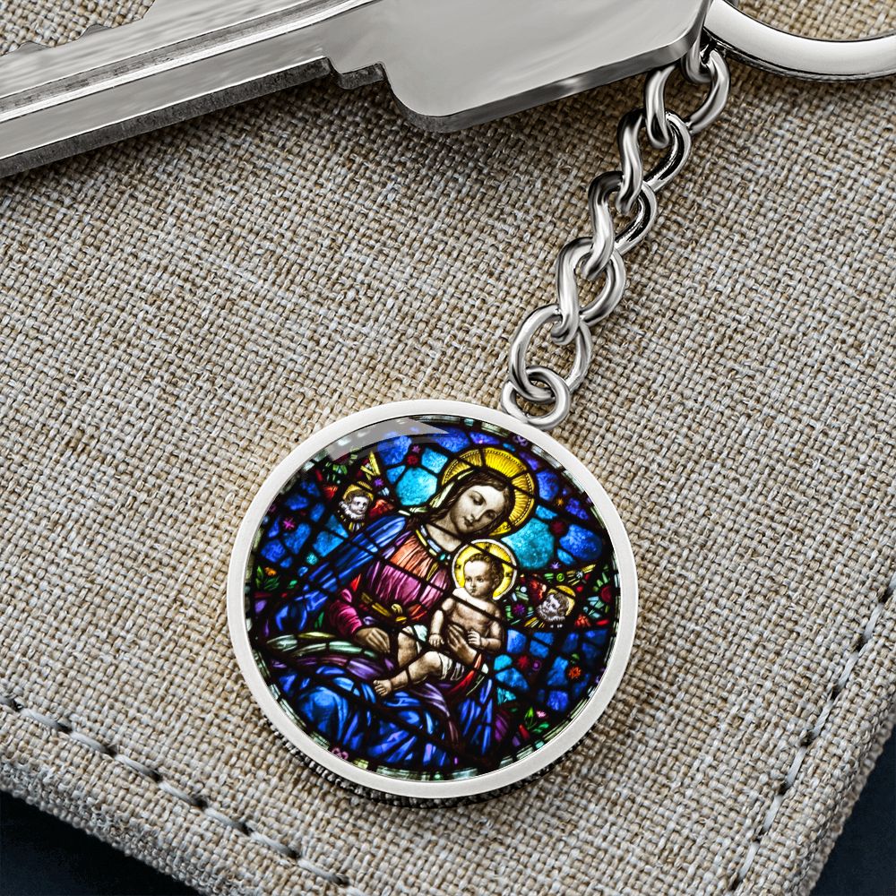 Virgin Mary and Baby Jesus Cropped New za ShineOn Light+6 Graphic Circle Keychain NEW