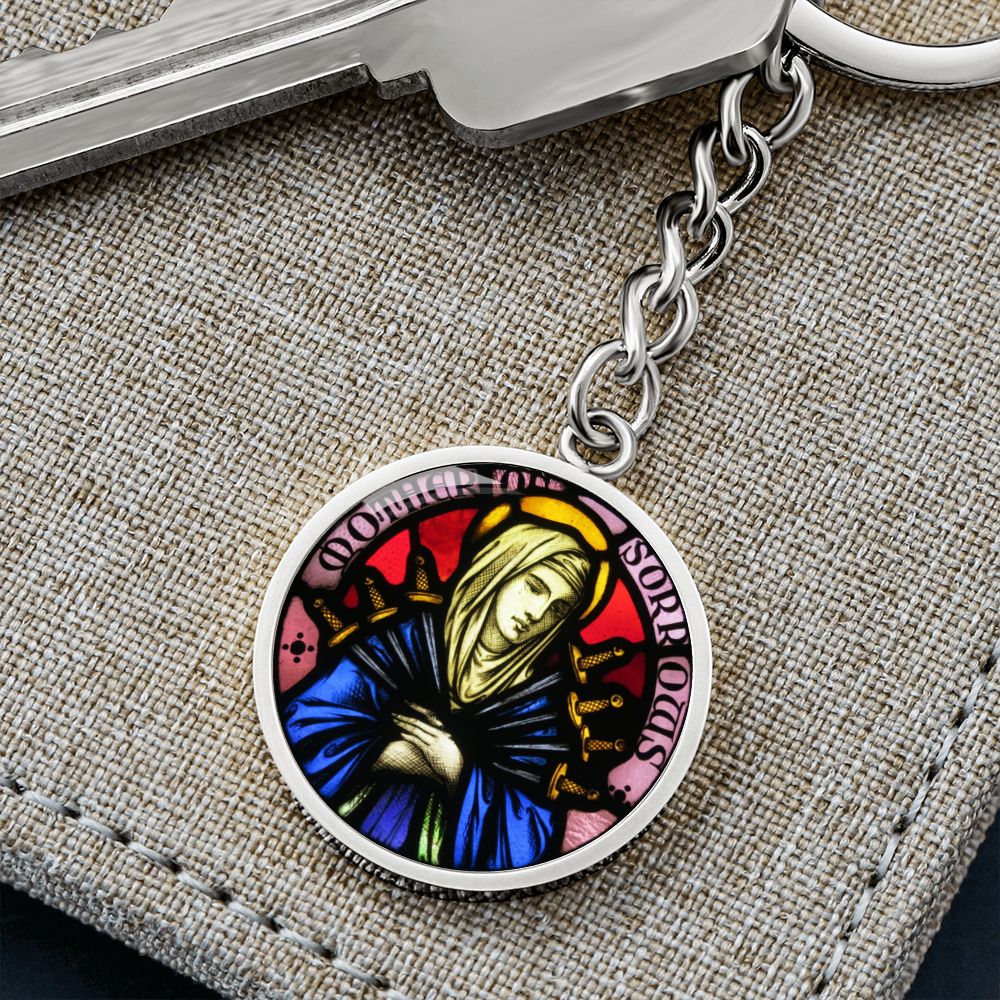 Our Lady of Sorrows 7 Swords Stained Glass Round Graphic Circle Keychain NEW