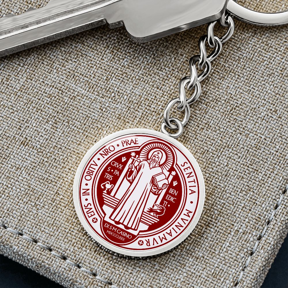 St Benedict medal White Maroon FRONT Circle Pendant Keychain
