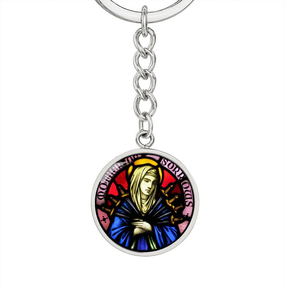Our Lady of Sorrows 7 Swords Stained Glass Round Circle Pendant Keychain