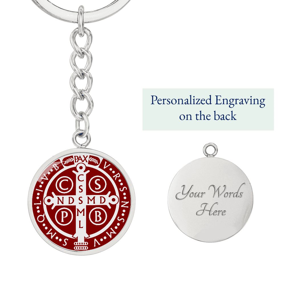 St Benedict medal White Maroon BACK Circle Pendant Keychain