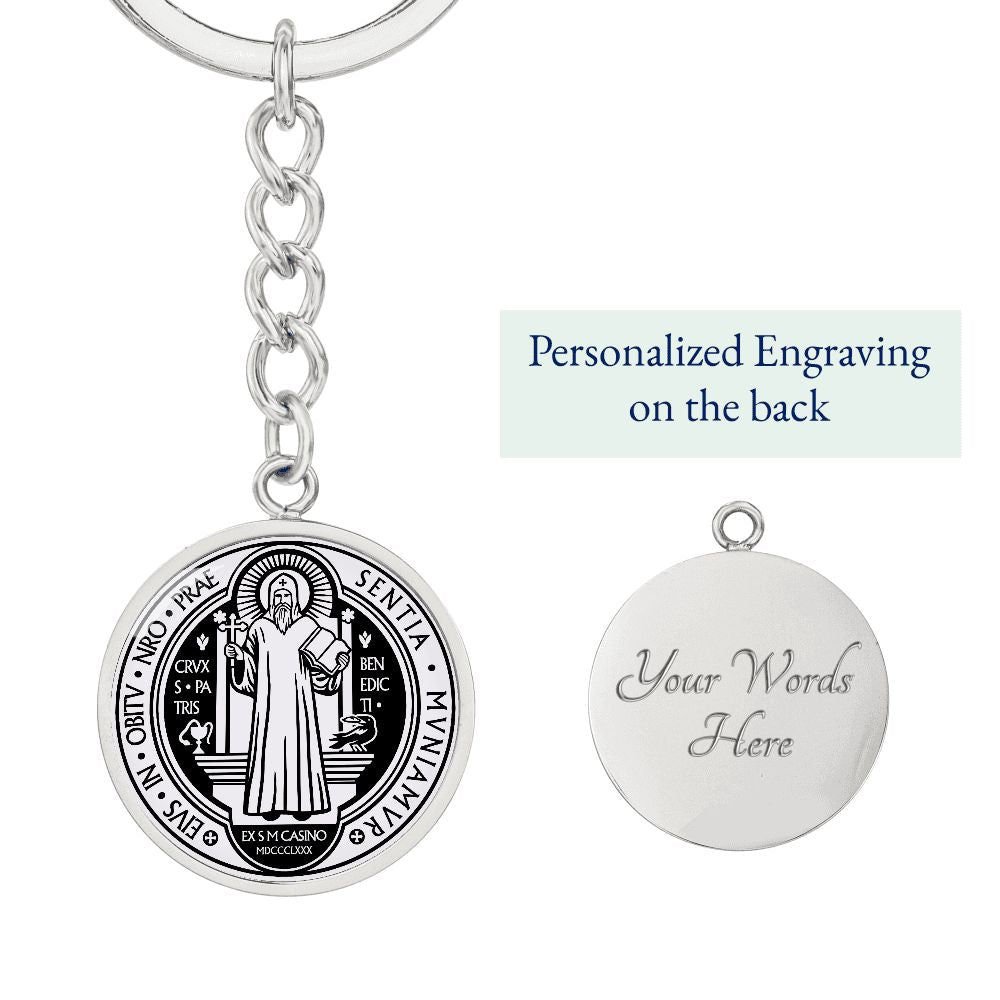 St Benedict medal White Black FRONT Circle Pendant Keychain