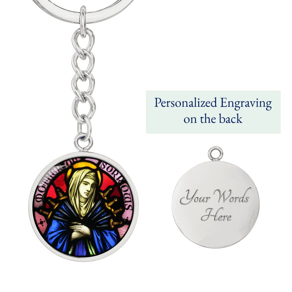 Our Lady of Sorrows 7 Swords Stained Glass Round Circle Pendant Keychain